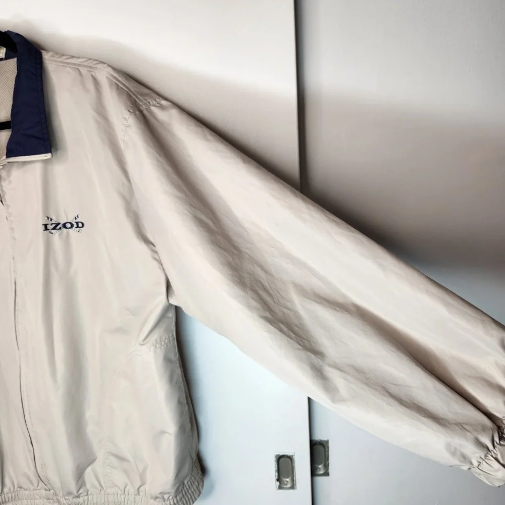 Vintage IZOD Nylon Windbreaker Full Zip Jacket 80s Golf Beige/Blue Mens Medium